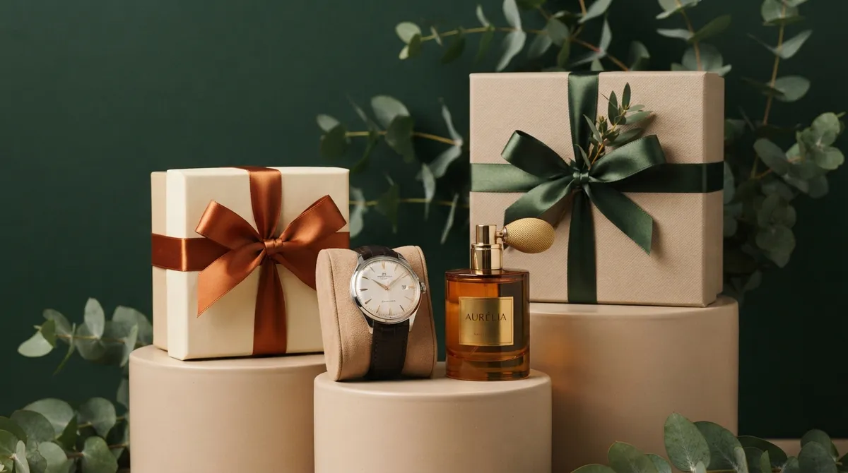 Boîtes cadeaux, montre et parfum posés sur des socles beige devant un fond vert sapin