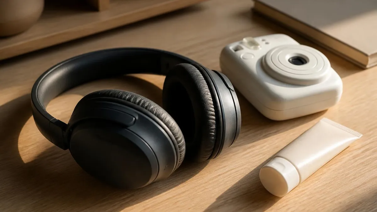 Un casque audio fermé, un appareil photo instantané et un tube de crème solaire posés sur un bureau d'adolescente