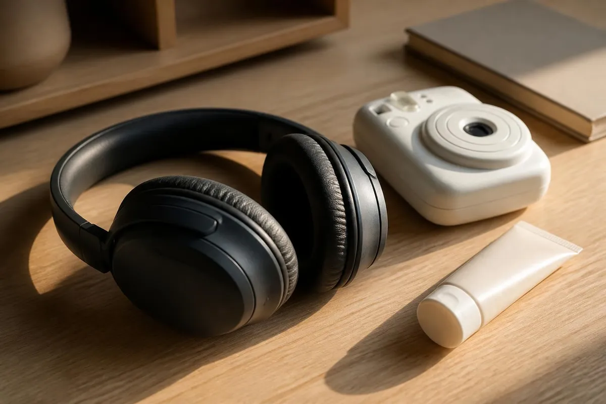 Un casque audio fermé, un appareil photo instantané et un tube de crème solaire posés sur un bureau d'adolescente