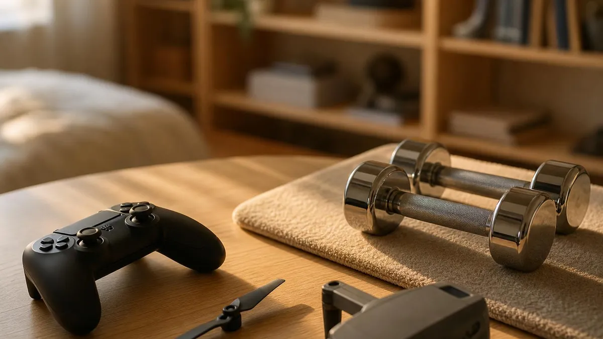 Une manette de console, une hélice de drone et une paire d'haltères courts posées sur un tapis de chambre