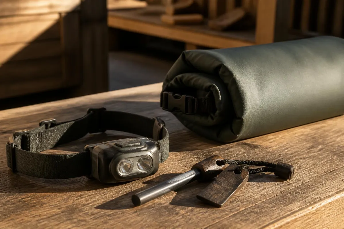 Une pierre à feu, une lampe frontale et un sac étanche roulé posés sur une table en bois brut