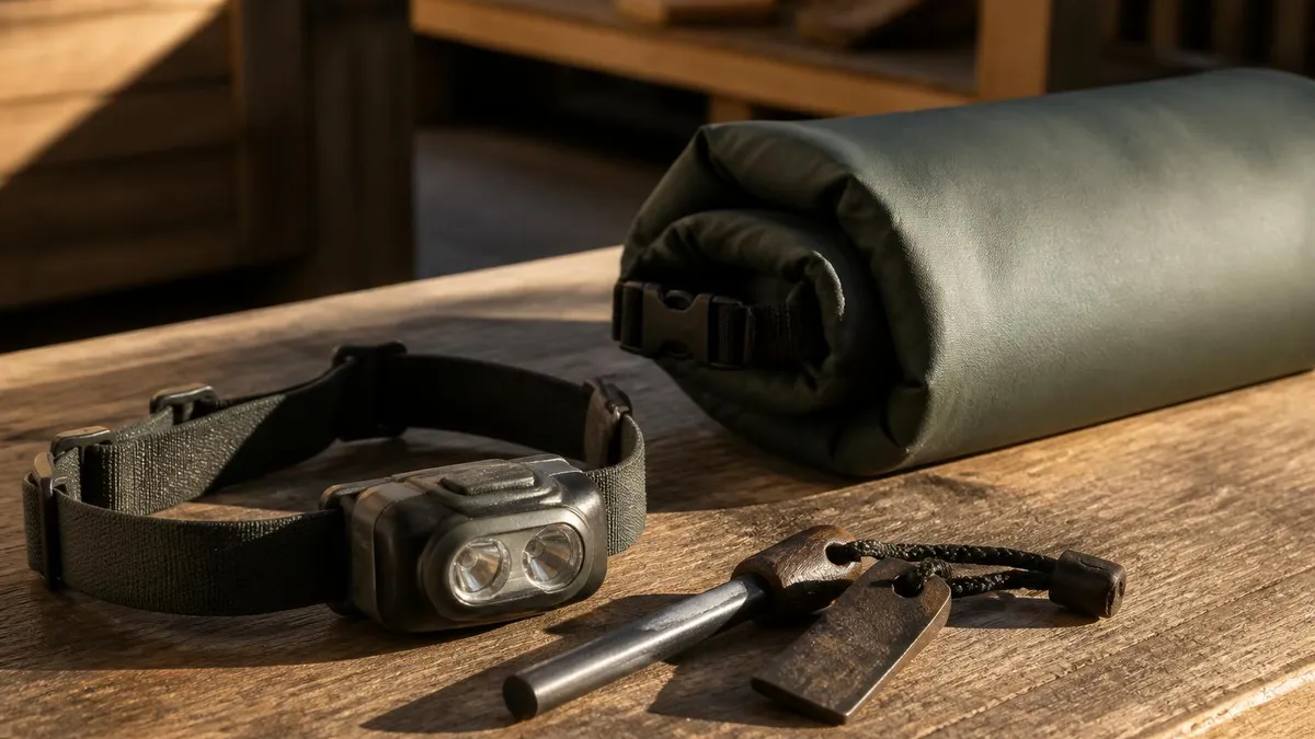 Une pierre à feu, une lampe frontale et un sac étanche roulé posés sur une table en bois brut