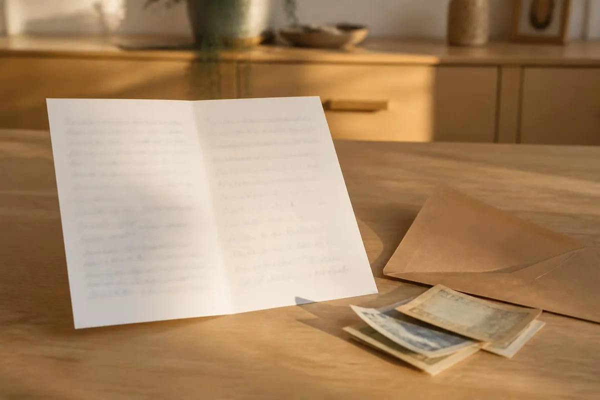 Une carte de voeux ouverte couverte de signatures, posée près d'une enveloppe kraft et de quelques billets pliés