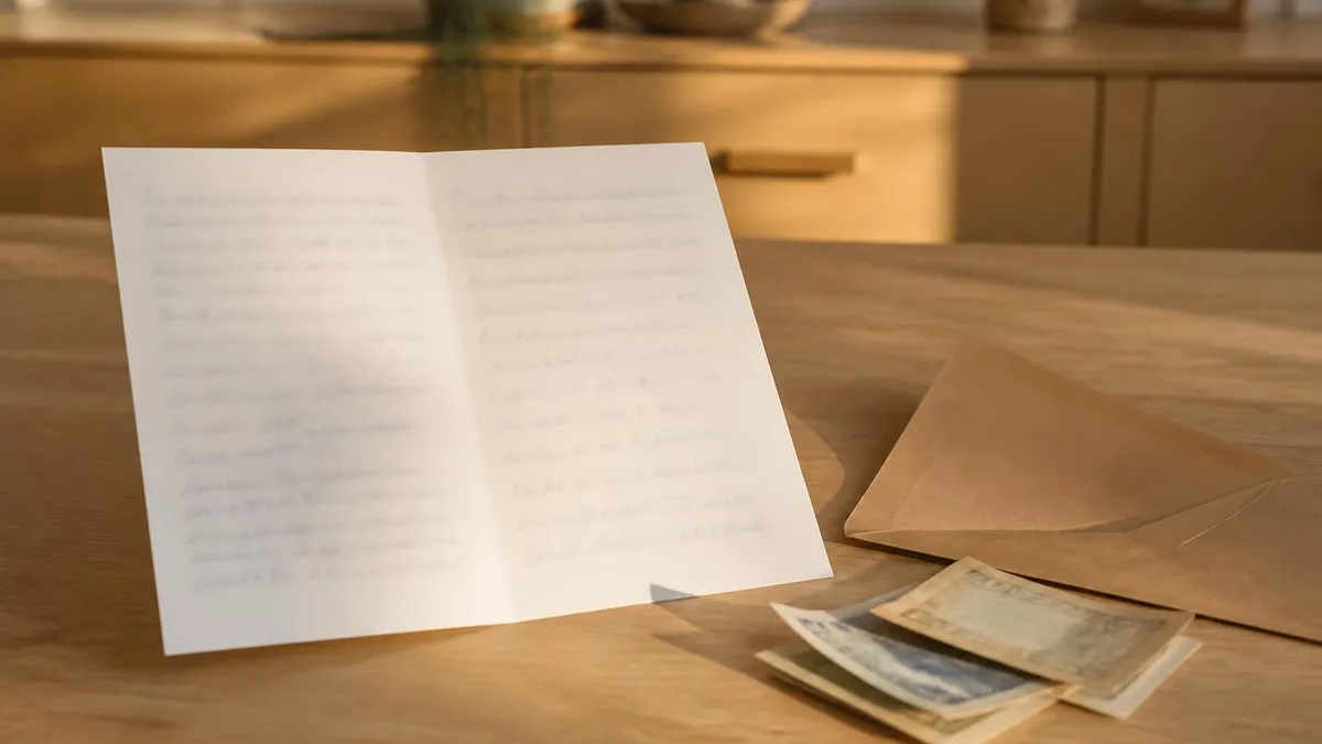 Une carte de voeux ouverte couverte de signatures, posée près d'une enveloppe kraft et de quelques billets pliés