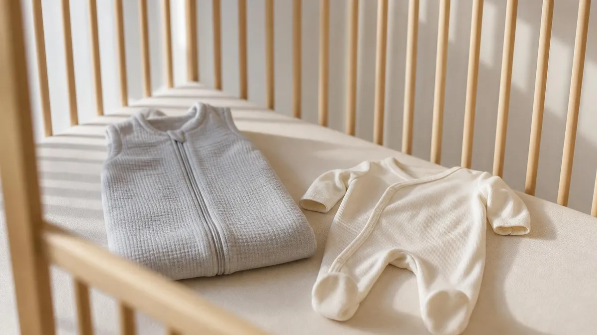 Une gigoteuse pliée et un pyjama de bébé posés sur le matelas d'un lit à barreaux vide
