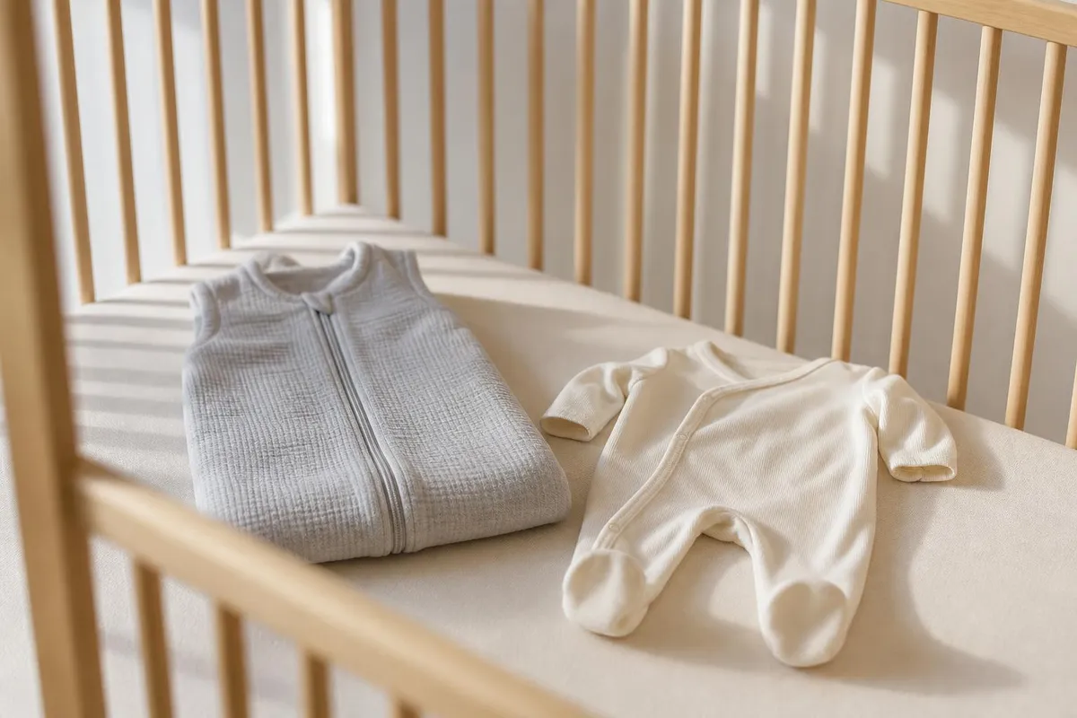 Une gigoteuse pliée et un pyjama de bébé posés sur le matelas d'un lit à barreaux vide