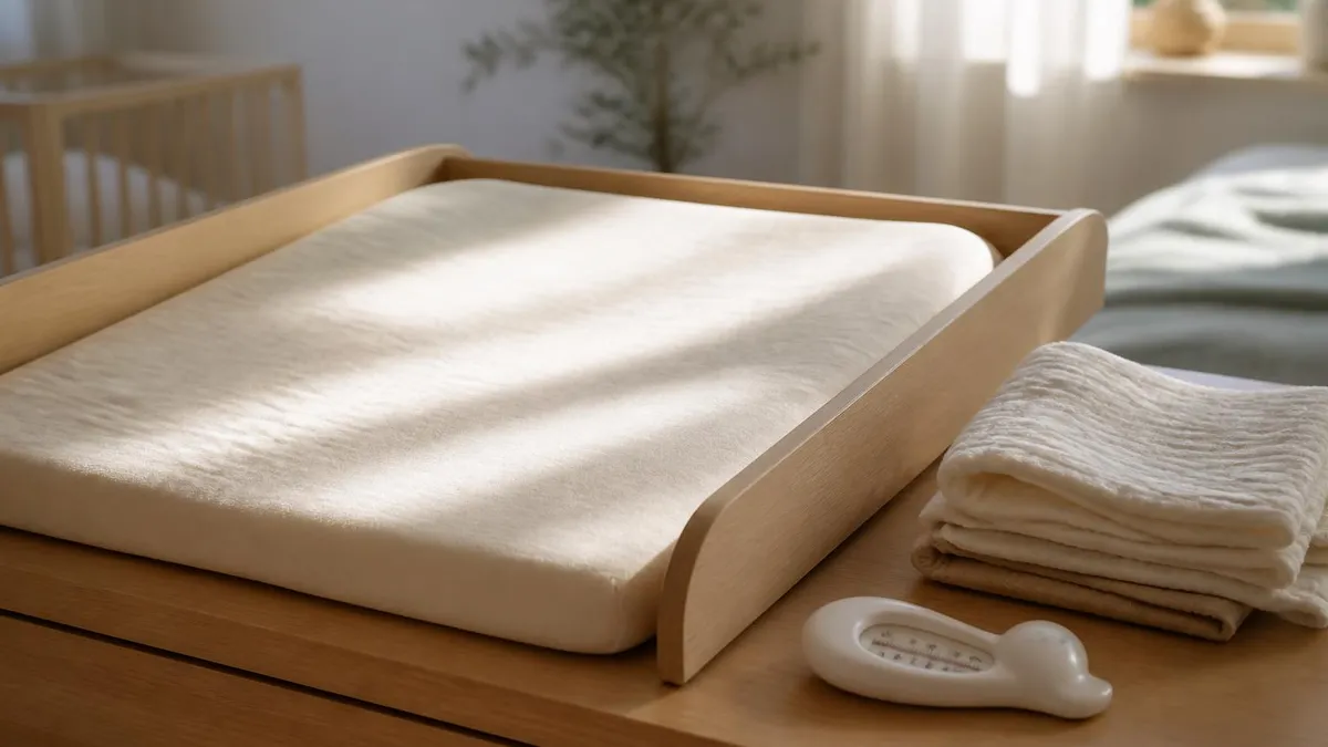 Un plan à langer en bois clair, son matelas et une pile de langes pliés