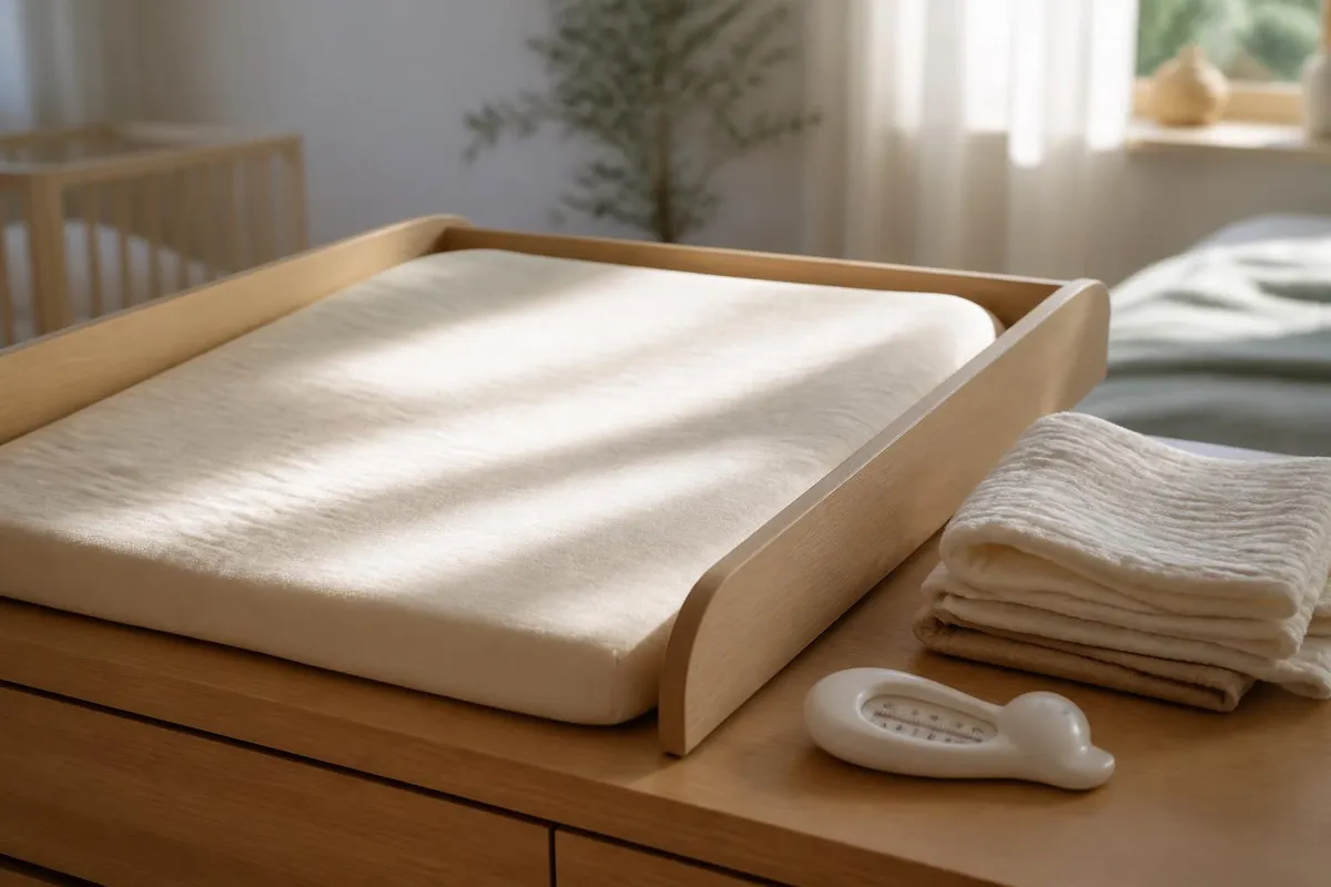 Un plan à langer en bois clair, son matelas et une pile de langes pliés