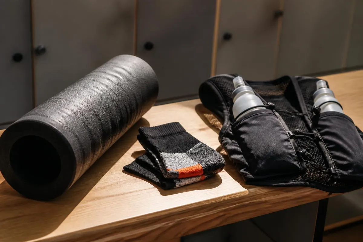 Un rouleau de massage, une paire de chaussettes techniques et un gilet d'hydratation posés sur un banc de vestiaire