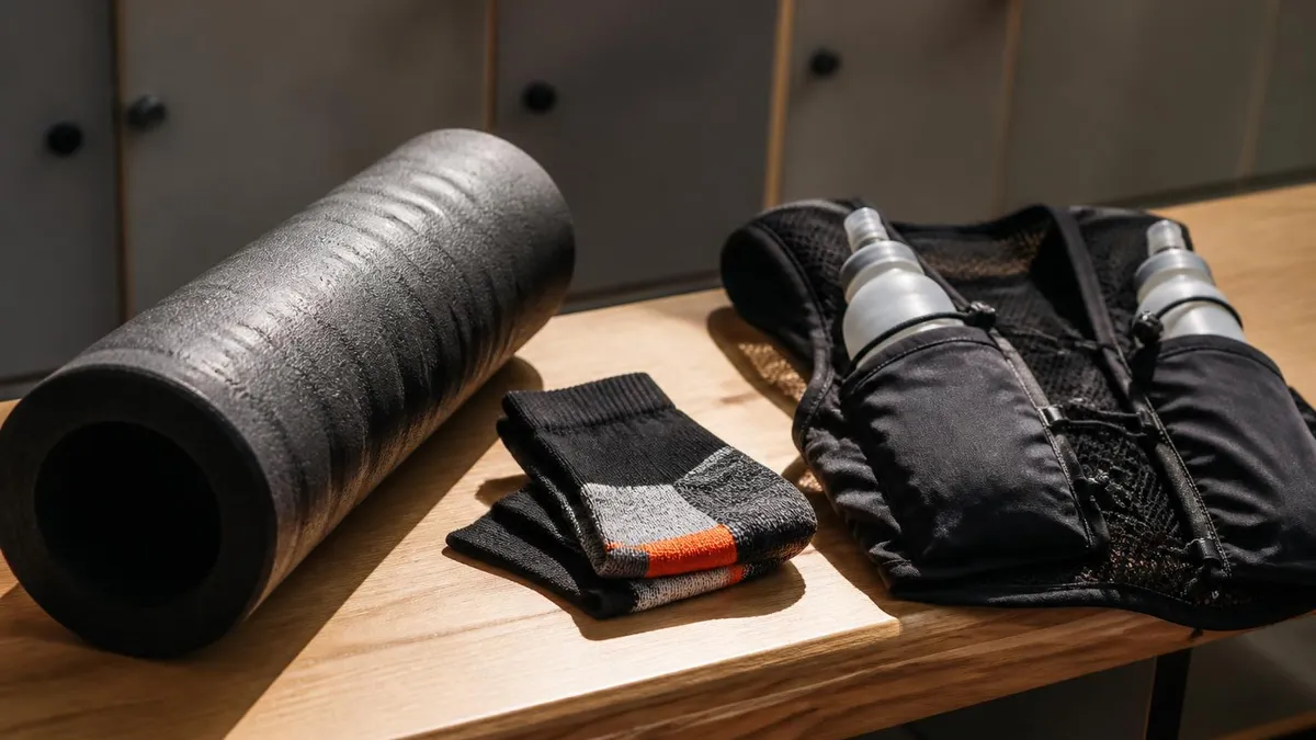 Un rouleau de massage, une paire de chaussettes techniques et un gilet d'hydratation posés sur un banc de vestiaire