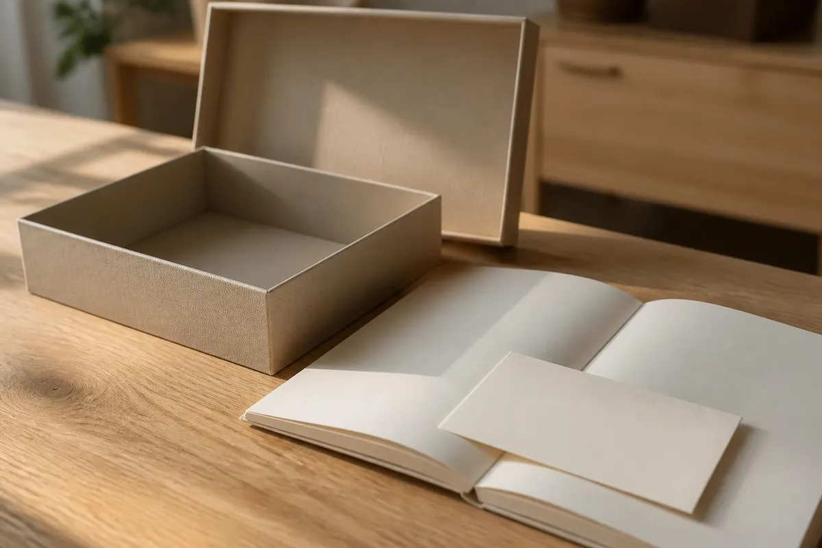 Un coffret cadeau ouvert sur une table, son chèque cadeau et son livret de partenaires posés à côté