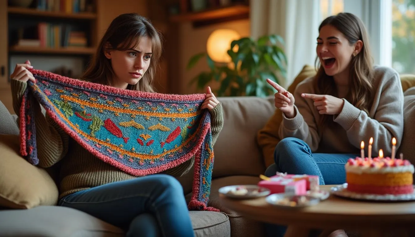 Elle a tricoté une écharpe pour l'anniversaire de son amie, mais l'a reprise après que celle-ci ait moqué le cadeau.