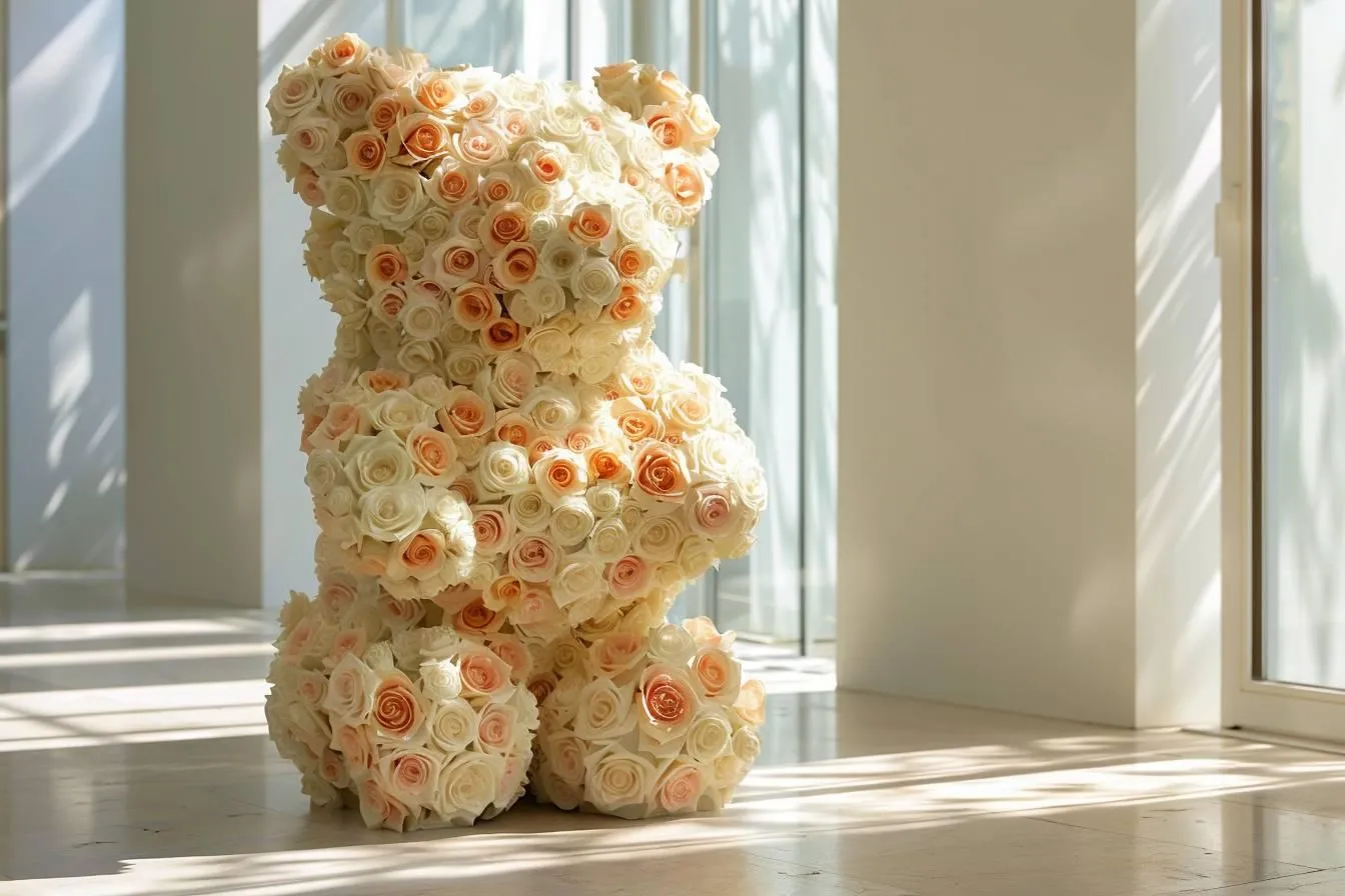 L'ourse en roses : sculpture florale unique pour décorer votre intérieur avec élégance et originalité